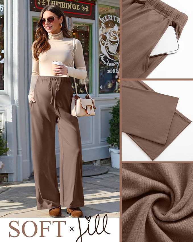 3 Pack Maternity Pants for Women Over The Belly Lounge Work Pregnancy Pants Drawing Wide Leg Trousers with Pockets