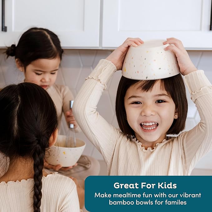 Nook Theory 4 Pack Bamboo Bowls - 22 Oz Reusable Toddler and Kids Bowl, Dishwasher Safe - Not Microwavable Bamboo Dishes (Celebration)