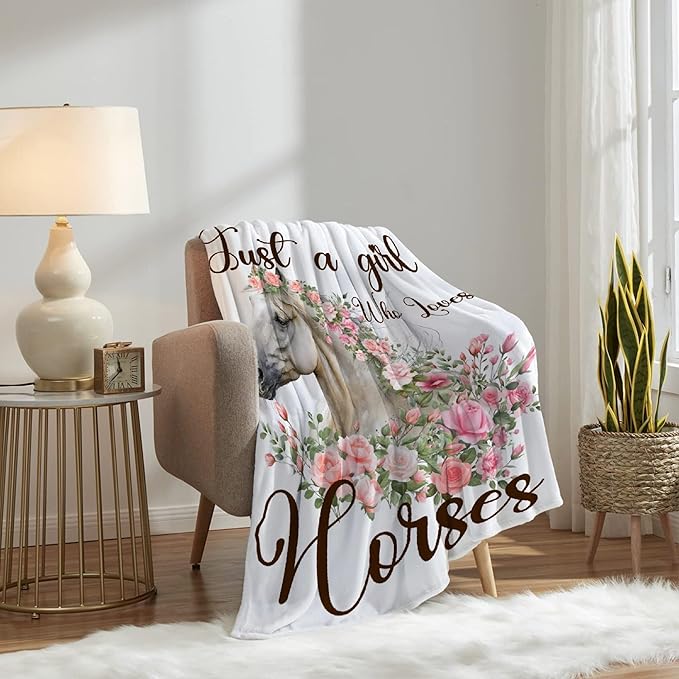 Just A Girl Who Loves Horses Blanket for Adults,Flowers Animals Throw Blanket for Girls Boys Lightweight Cute Horse Soft Cozy Flannel Blanket for Kids 90 * 120 Inches