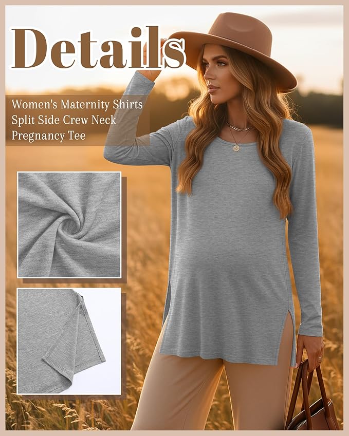Riyiper 3 Pack Women's Maternity Long Sleeve T-Shirts Round Neck Side Split Tops Loose Casual Pregnancy Mama Clothes Fall