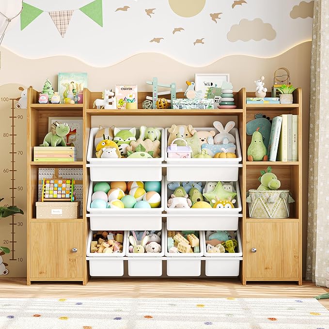 FOTOSOK 55''Large Toy Storage Organizer with 8 Toy Bins, Toy Organizers and Storage with Shelf and 6 Storage Cubbies, Bookshelf for Kids, Playroom Organization and Storage Bins, Natural