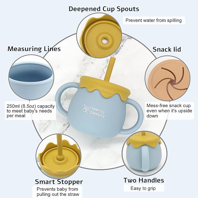 Honey Jar Pot 3-in-1 Silicone Training Cup 8.5oz, Unisex Baby Sippy Cup with Straw & Snack Lid for 6 months+ Break Resistant Open Cup for Toddler Smoothie Drinkware (Harvest Wood)