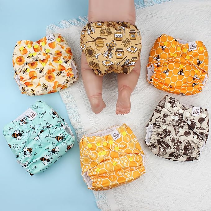 Mama Koala 3.0 Pocket Cloth Diapers for Babies with AWJ Lining, 6 Pack with 6 4-Layer Natural Cloth Diaper Inserts - Reusable and Washable Pocket Diapers(Hardworking Bees)
