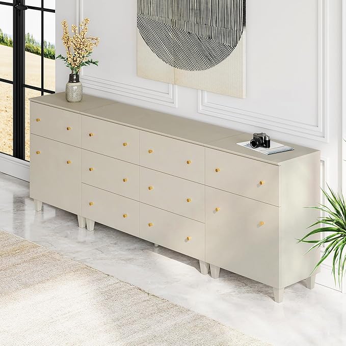 WAMPAT Dresser with 2 Doors & 8 Drawers for Bedroom, 2-in-1 Wood Chest of Drawers, 94.4" Wide Modern Closet Storage Organizer with Adjustable Shelves for Kids Room, Beige Linen Printed Finish