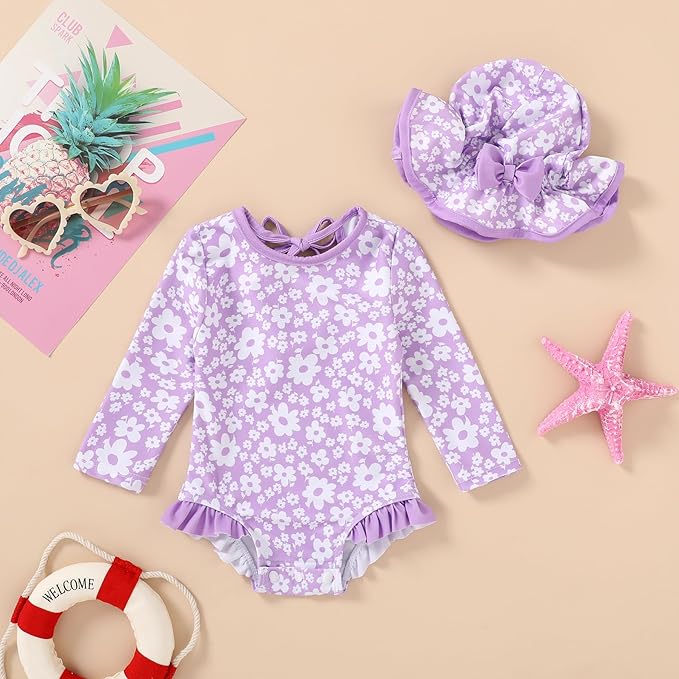 YOUNGER TREE Infant Baby Girls Swimsuit Long Sleeve Swimsuits One Piece Swimsuit Solid Color Bathing Suit with Hat, UPF 50+