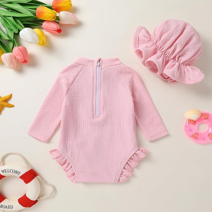 YOUNGER TREE Infant Baby Girls Swimsuit Long Sleeve Swimsuits One Piece Swimsuit Solid Color Bathing Suit with Hat, UPF 50+