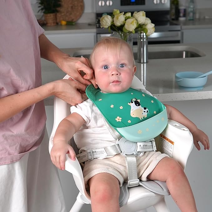 Silicone Baby Bibs Unisex, Self-Feeding, Catch-all Large Pocket, 6-48 months, BPA-Phthalate Free, w/Travel Case