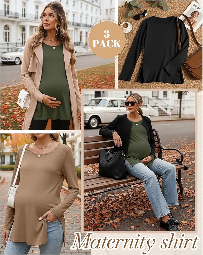 Riyiper 3 Pack Women's Maternity Long Sleeve T-Shirts Round Neck Side Split Tops Loose Casual Pregnancy Mama Clothes Fall