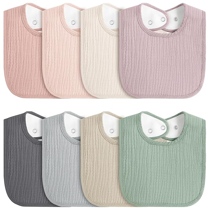 8-Pack Baby Muslin Bibs, Soft Cotton Drool Bibs for Boys Girls, Adjustable and Absorbent Newborn Bib Set for Feeding and Drooling