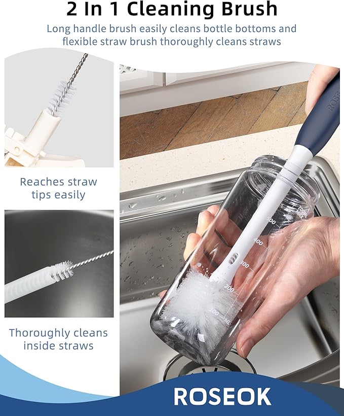 2 in 1 Long Handle Bottle Brush with Straw Brush for Cleaning Glass, Sports Bottle, Coffee Mug,Navy Blue,1 Pack