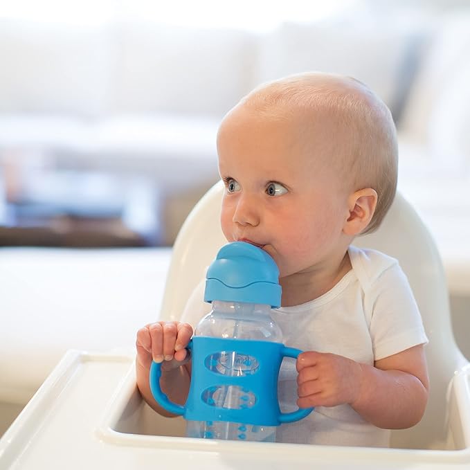 Dr. Brown's Milestones Wide-Neck Sippy Straw Bottle with 100% Silicone Handles and Weighted Straw, 9 oz/270 mL, Gray & Blue, 6m+