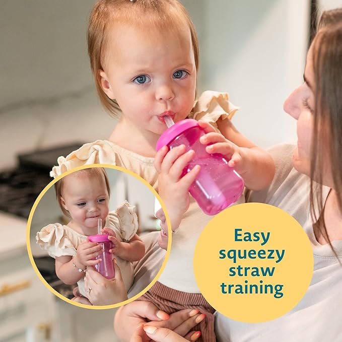 The First Years Squeeze & Sip Toddler Straw Cups - Squeezable Transition Sippy Cup with Silicone Straw - Toddler Feeding Supplies - Yellow/Pink/Orange - 7 Oz - 3 Count - Ages 6 Months and Up