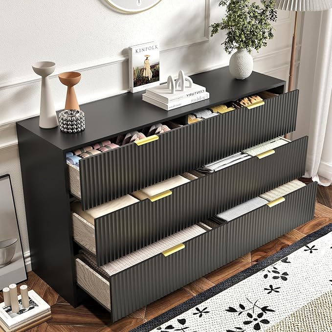 6 Drawers Fluted Dresser for Bedroom, 55" Wide Wooden Dresser with Deep Drawers, Large Floor Chest of Drawers, Modern Long TV Stand, Storage Cabinet Side Table, Black