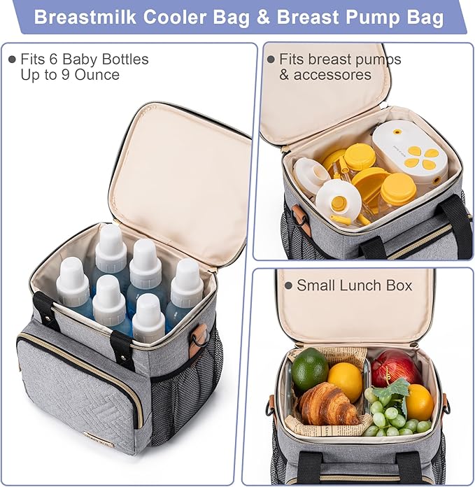 Breastmilk Cooler Bag with Ice Pack Fits 6 Baby Bottles up to 9 Ounce, Breast Milk Pump Cooler Bag for Nursing Mom Daycare, Work, Travel-Light Grey