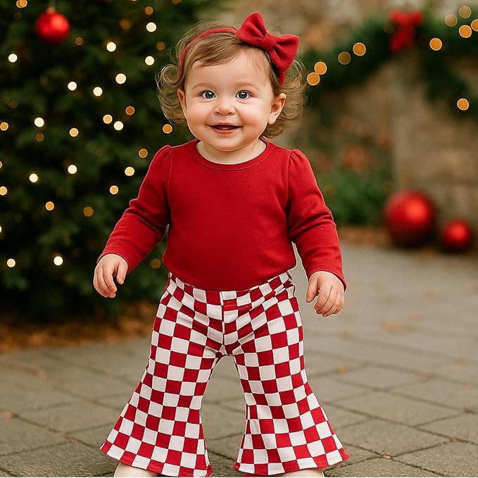 SOBOWO Checkered Baby Girl Flare Pants 3 Pack Toddler Bell Bottoms Plaid Ruffle Leggings Pants Fall Winter Outfits Size 6M-4T