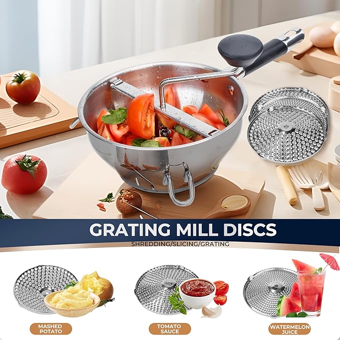 Stainless Steel Food Mills With 3 Milling Discs,Ergonomic design Of Rotary Food Mills For Tomato Sauce,Potatoes,Jams with Silicone Handle Dishwasher Safe, Multifunctional Spoon,Orange