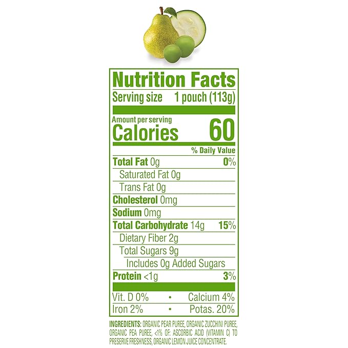 Happy Baby Organics Stage 2 Baby Food Pouches, Gluten Free, Vegan & Healthy Snack, Clearly Crafted Fruit & Veggie Puree, Pears, Zucchini & Peas, 4 Ounces (Pack of 16)