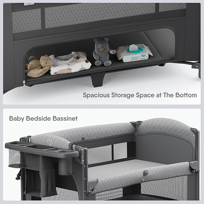 4 in 1 Baby Bassinet, Pack and Play, Bedside Crib Sleeper, Diaper Changer - Comes with Mattress, Mosquito Net, Bottom Storage and Toy Bar for Newborn to Toddles