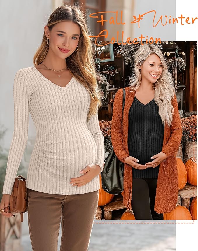 Ficerd 3 Pack Women's Maternity Shirts Ribbed Long Sleeve Pregnancy Tops V Neck Knit Side Ruched Pregnant Clothes Sweater