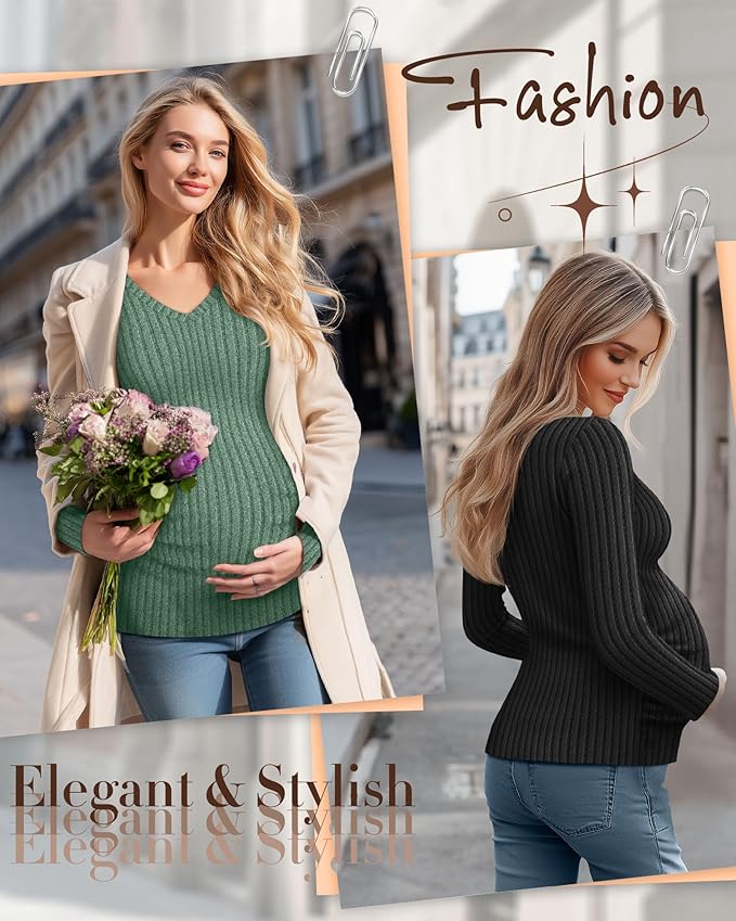 Ficerd 3 Pack Women's Maternity Shirts Ribbed Long Sleeve Pregnancy Tops V Neck Knit Side Ruched Pregnant Clothes Sweater