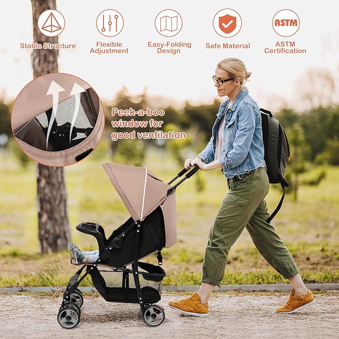 HONEY JOY Travel Stroller, Quick Fold Lightweight Baby Umbrella Stroller for Airplane, Adjustable Canopy & Backrest, Storage Basket, Removable Meal Tray, Compact Stroller Newborn and Toddler(Coffee)