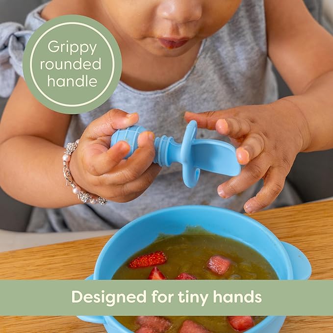 UpwardBaby Silicone Baby Spoons Self Feeding 6 Months - Feeding Essentials, Baby Led Weaning Supplies, BPA Free, Chewable Toddler Utensils with Anti Choke Barrier
