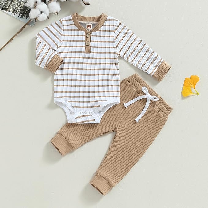 Newborn Baby Boy Girl Clothes Ribbed Knitted Long Sleeve Romper Pants Solid Cotton Infant Fall Winter Outfits 2Pcs