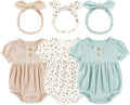 Newborn Baby Girl Clothes Cotton Bubble Romper Floral Short Sleeve Bodysuit 3 Pack