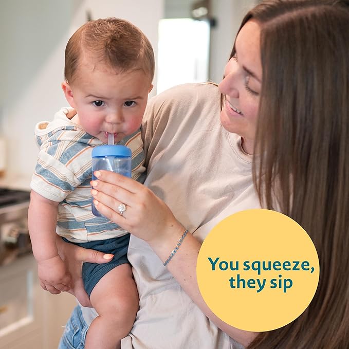 The First Years Squeeze & Sip Toddler Straw Cups - Squeezable Transition Sippy Cup with Silicone Straw - Toddler Feeding Supplies - Blue/Yelllow/Red - 7 Oz - 3 Count - Ages 6 Months and Up