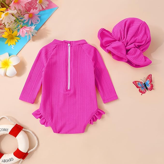 YOUNGER TREE Infant Baby Girls Swimsuit Long Sleeve Swimsuits One Piece Swimsuit Solid Color Bathing Suit with Hat, UPF 50+