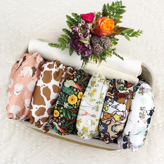 Mama Koala 3.0 Cloth Diapers for Babies with AWJ Lining, 6 Pack with 6 5-Layer Natural Cloth Diaper Inserts - Reusable and Washable Pocket Diapers(A-The Farm Story)