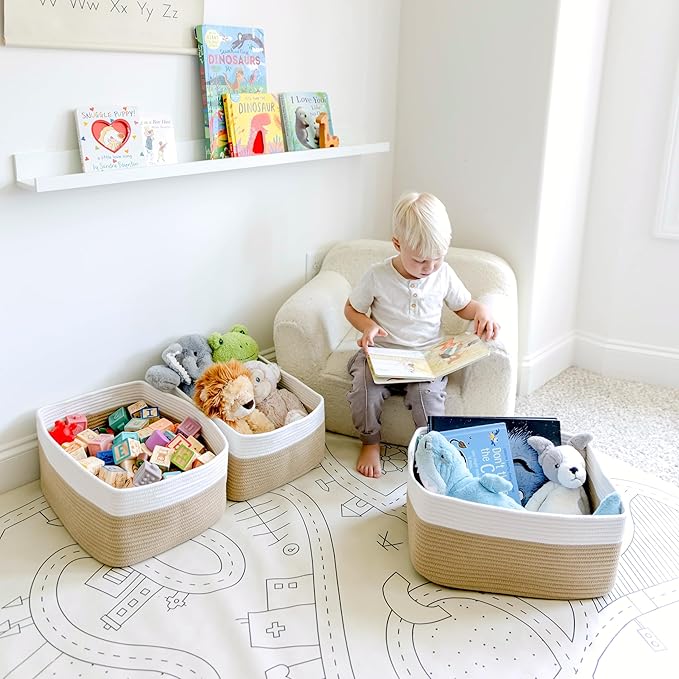 NaturalCozy Storage Baskets 16.8”x13”x7.6” Cotton Rope Woven Baskets for Organizing 3-Pack | Toy Storage Bins | Basket for Shelves, Laundry, Blanket, Clothes, Closet, Kitchen, Bathroom, Gifts