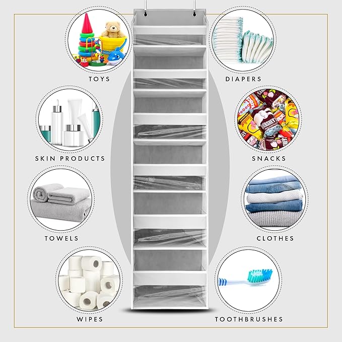 HOMELUX THEORY 1 PC Heavy Duty Over the Door Organizer 55x14x6.7, 6 Large Front & 12 Side Pockets, Hanging Storage Closet Door Organizer for Bedroom, Bathroom and Baby Nursery Storage (Light Gray)