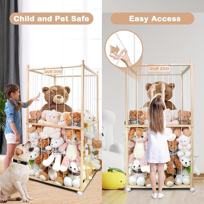 Stuffed Animal Zoo Storage Cage Wooden, Space Save Toy Organizer, Extra Large Capacity Plush Toy Cage,Stuffed Animal Holder, Perfect for Gift for Nursery PlayRoom Bedroom KidRoom Chirstmas Gift