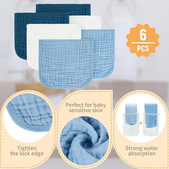 Baby Burp Cloth 100% Cotton Newborn Cotton Muslin Burp Cloth 10x20 inches (White & Blue 6 Pieces)