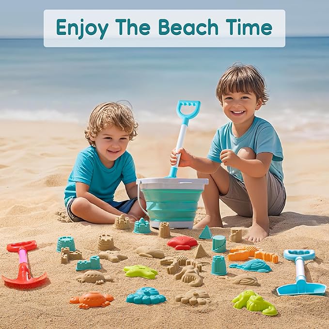 Beach Toys for Kids - Sand Toys Set Includes Collapsible Bucket Shovel and Mesh Bag 19 PCS, Toddlers Sandbox Toys Sandcastle Building Kit (Kids Beach Toy Set)