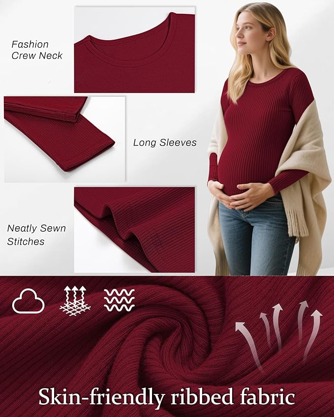 Riyiper 3 Pack Women's Maternity Shirts Long Sleeve Ribbed Knit Pregnancy Tees Cotton Crewneck Tunic Clothes Casual Fall Tops