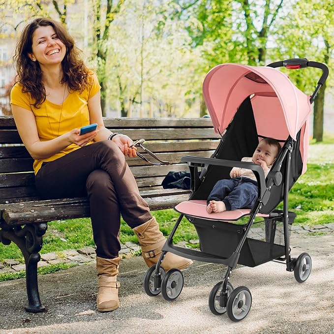 HONEY JOY Lightweight Stroller, Compact Travel Stroller for Airplane, Toddler Fold Pushchair w/Adjustable Canopy & Backrest, Storage Basket, Umbrella Stroller for Infants (Pink)