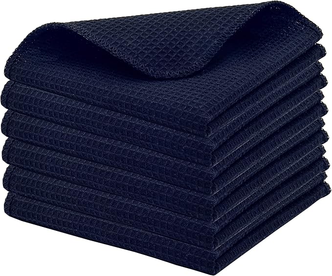 PurpleEssences Dish Cloths and Dish Rags - 6 Pack Waffle Weave Solid Kitchen Dish Wash Cloths, 100% Cotton, 12 x 12 Inches, Ultra Soft Absorbent Quick Drying Fall Thanksgiving - Navy Blue
