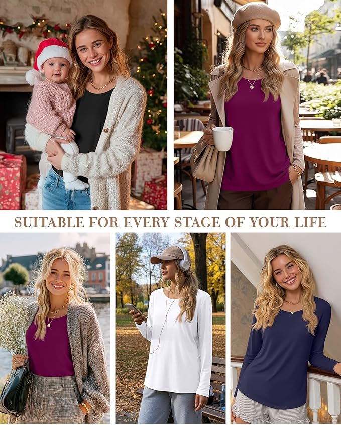 4 Pack Women's Cotton Nursing Tops, Breastfeeding Maternity with Hidden Zippers Crew Neck Long Sleeve Pregnancy Shirts