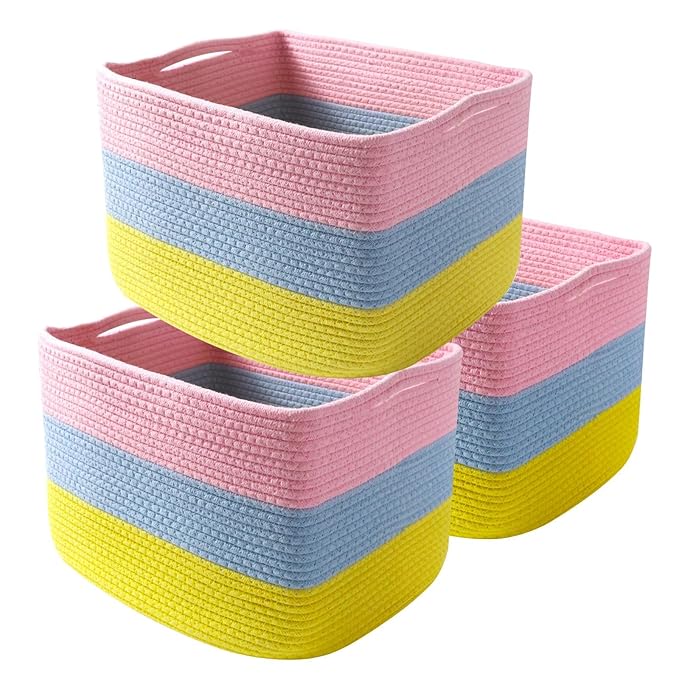 Hopegiver 3 Pack Storage Baskets for Organizing with Handle, Woven Baskets for Shelves - Durable Gift Basket for Cloth Toys Books Baby, Cotton Rope Basket for Dog Cat, 15x11x10 Inch(Pink&Blue&Yellow)