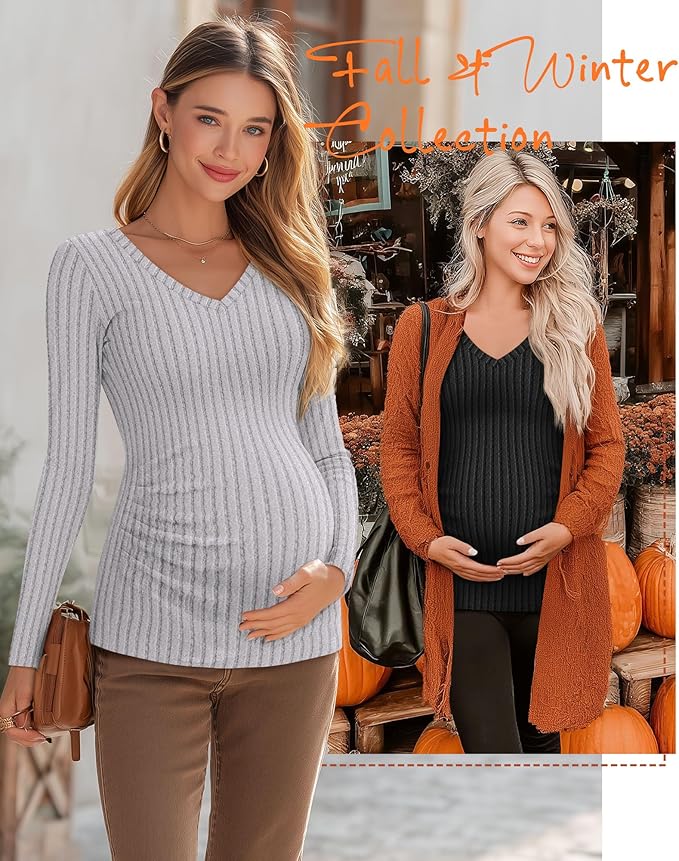 Ficerd 3 Pack Women's Maternity Shirts Ribbed Long Sleeve Pregnancy Tops V Neck Knit Side Ruched Pregnant Clothes Sweater