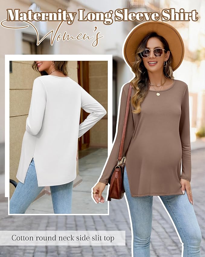 Riyiper 3 Pack Women's Maternity Long Sleeve T-Shirts Round Neck Side Split Tops Loose Casual Pregnancy Mama Clothes Fall