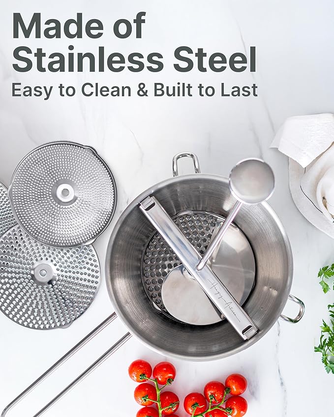 Upgraded 4-Disc Stainless Steel Food Mill – Ergonomic Rotary Design for Tomato Sauce, Applesauce, Baby Food, Mashed Potatoes, Jams, and More