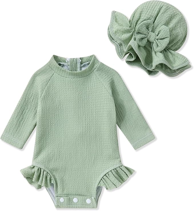 YOUNGER TREE Infant Baby Girls Swimsuit Long Sleeve Swimsuits One Piece Swimsuit Solid Color Bathing Suit with Hat, UPF 50+