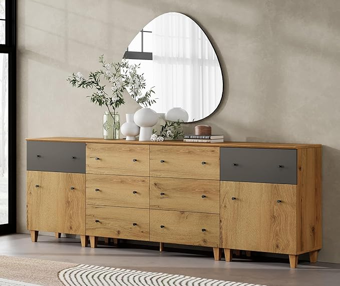 WAMPAT 8 Drawers Dresser Chests for Bedroom, 3-in-1 Modern Oak Brown&Dark Grey Wood Closet Storage Organizer Furniture with Door and Adjustable Shelves for Kids Room, Nursery, 94.4" Wide