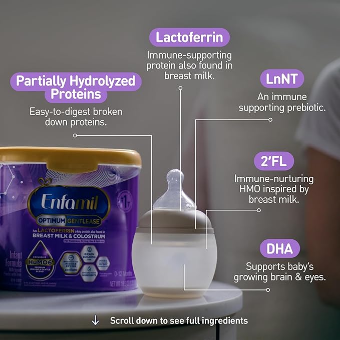 Enfamil Optimum (Enspire) Gentlease, Our Closest Formula to Breast Milk, Immune-Supporting Lactoferrin and Brain-Supporting DHA Baby Formula - Powder 19.5 Oz Tub, Pack of 4