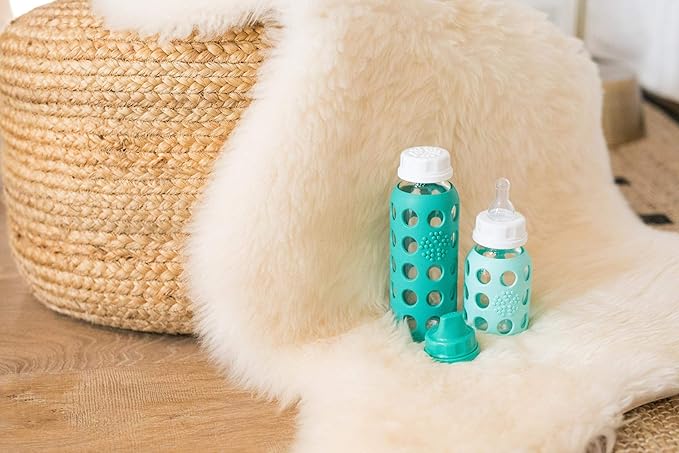 Lifefactory Baby Bottle Starter Set 10-Piece | 4 oz Mint & Blanket, 9 oz Kale & Blueberry | Includes Flat Caps, Sippy Caps, Stage 2 Nipples