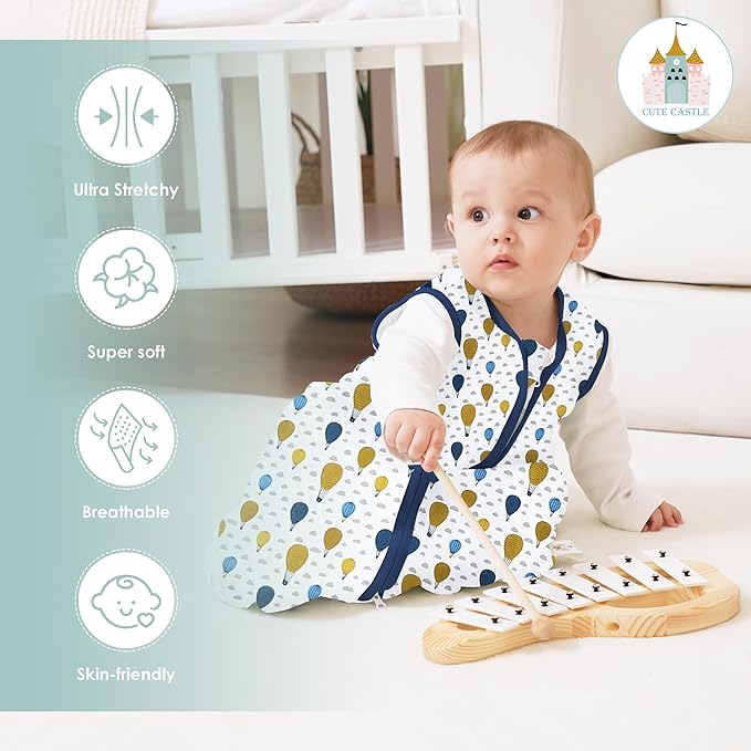 Cute Castle Baby Sleep Sack 12-18 Months - Lightweight 100% Cotton 2-Way Zipper TOG 0.5 Infant Wearable Blanket, Newborn Essentials Toddler Sleep Clothes, 3 Pack(Blue, Balloons, Animals)