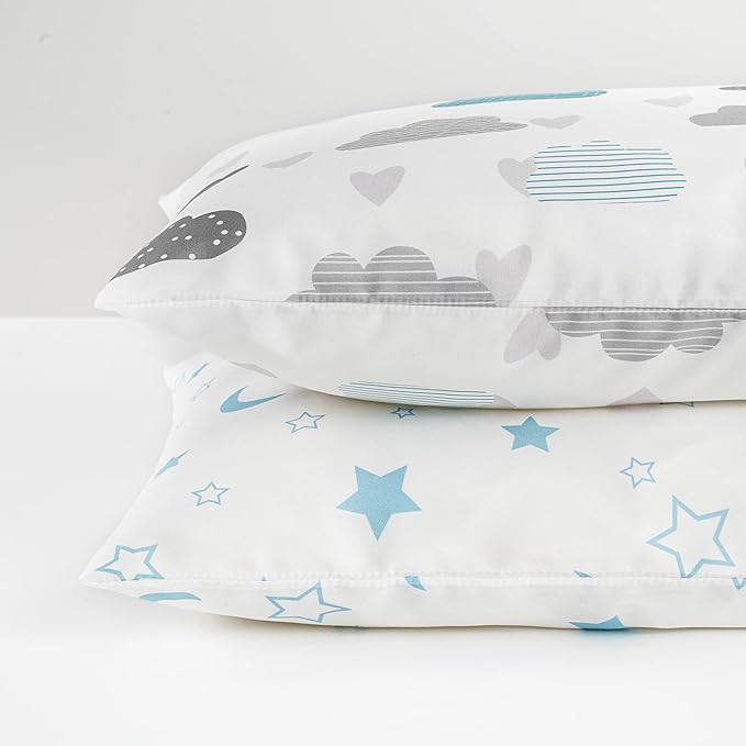 TILLYOU Toddler Pillowcase 2 Pack with Envelope Closure,Silky Soft Microfiber 13" x 18" Kids Travel Pillow Cases,Blue Clouds & Blue Stars